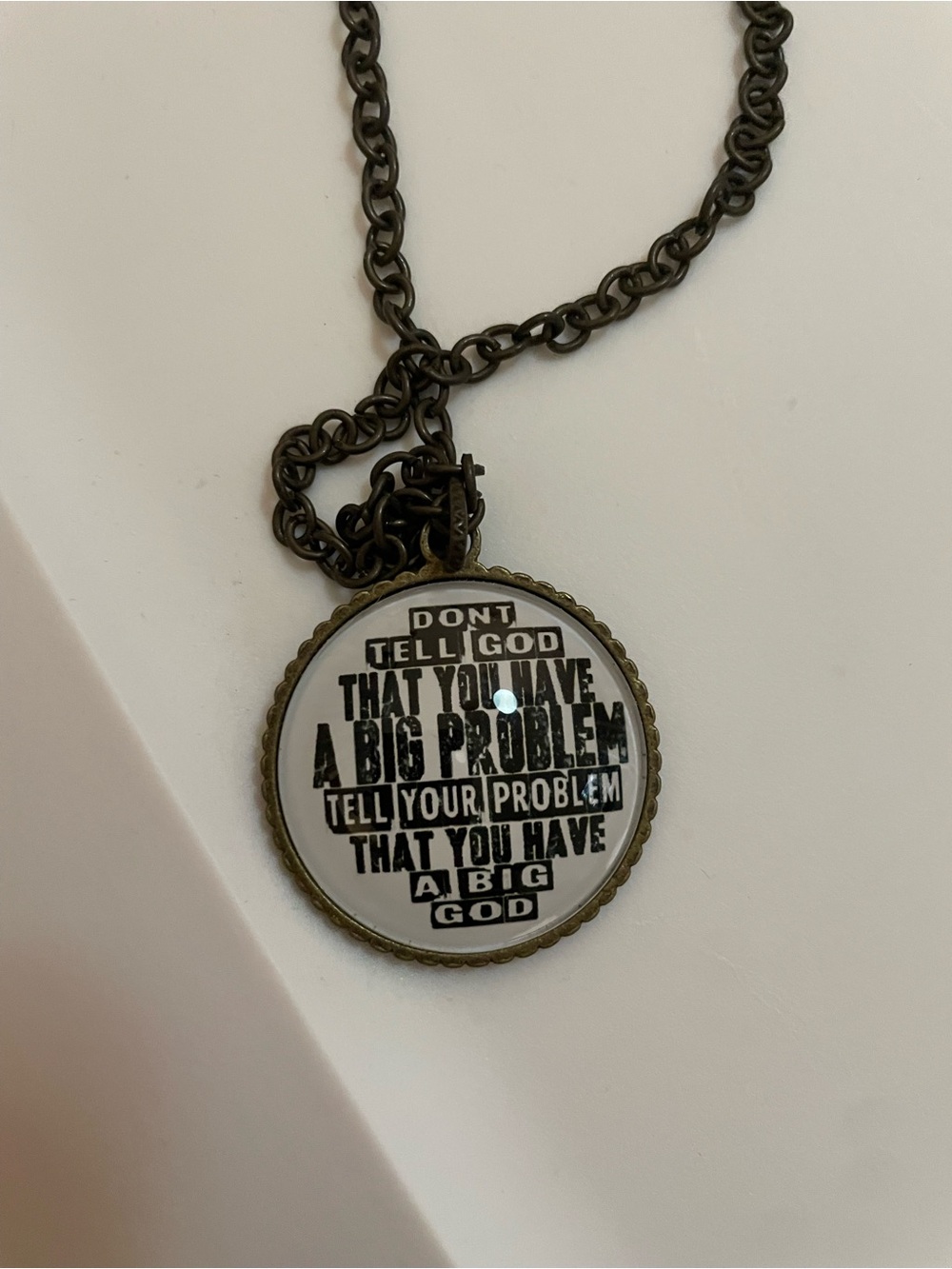 Round Inspirational Text Pendant Necklace in Antique Brass